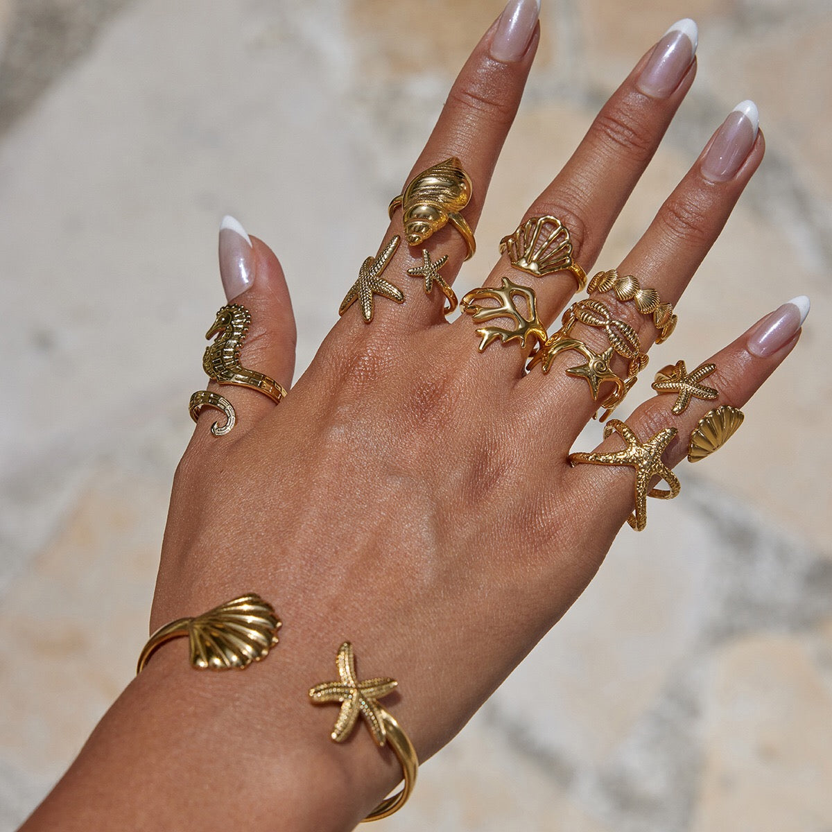 18K Gold Coastal Life Seashel Coral Starfish Ring Sets