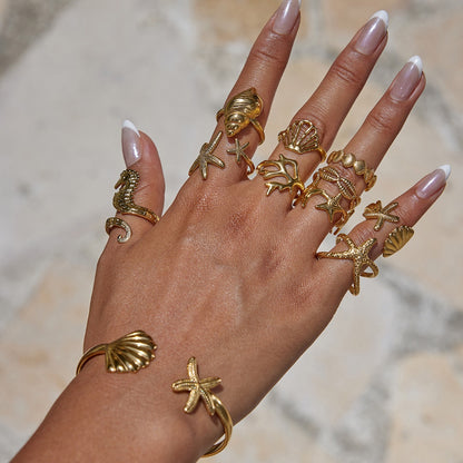 18K Gold Coastal Life Seashel Coral Starfish Ring Sets
