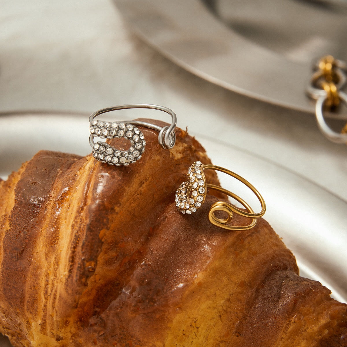 18K Gold Bejeweled Safety Pin Cuff Stacking Ring