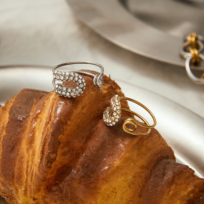 18K Gold Bejeweled Safety Pin Cuff Stacking Ring