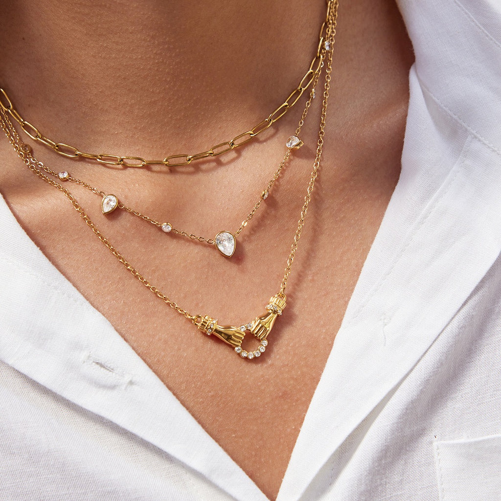 18K Gold Crystal Tear Teardrop Bezel Dainty CZ Necklace