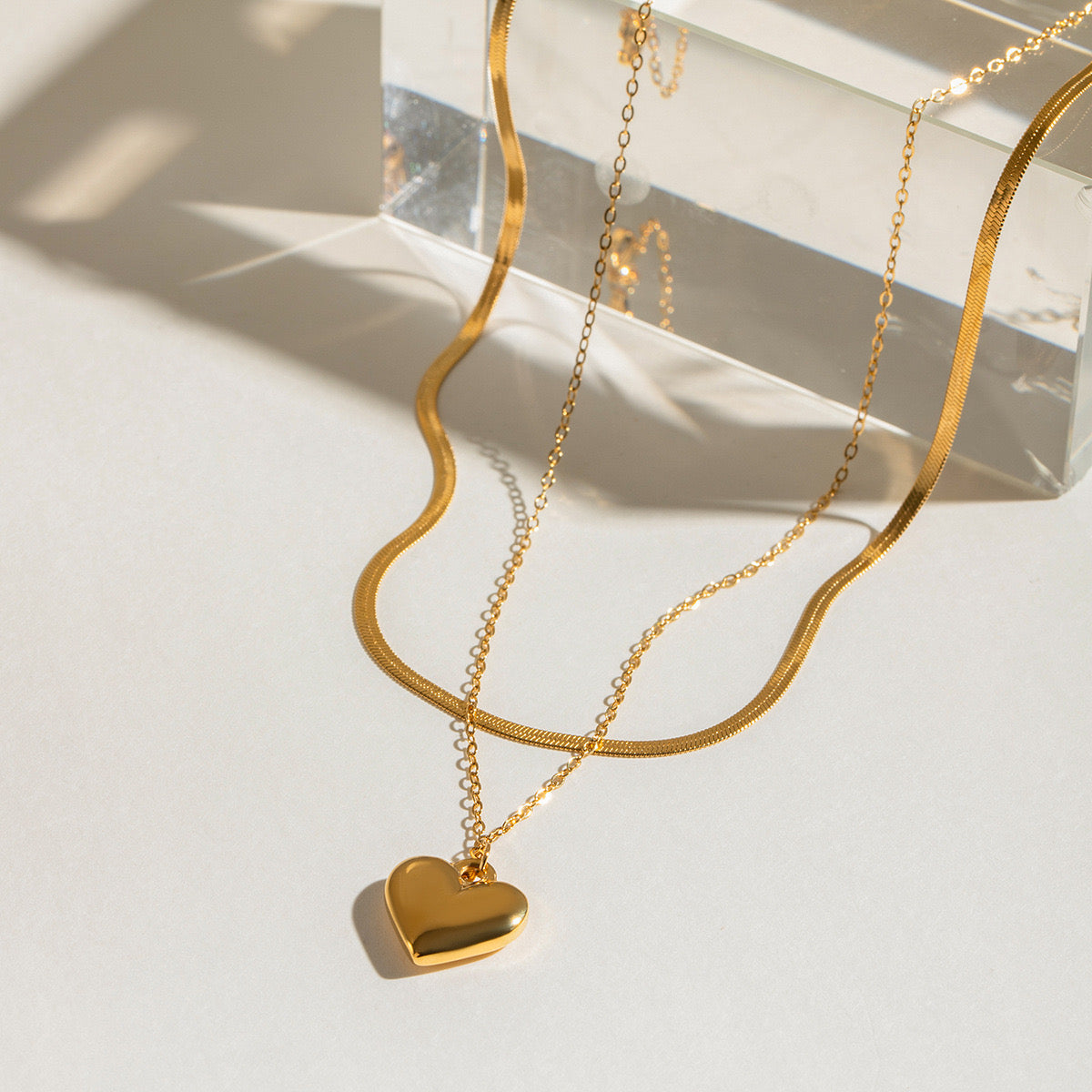 18K Gold Heart Pendant Herringbone Snake Chain Layered Necklace