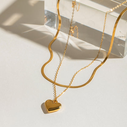 18K Gold Heart Pendant Herringbone Snake Chain Layered Necklace