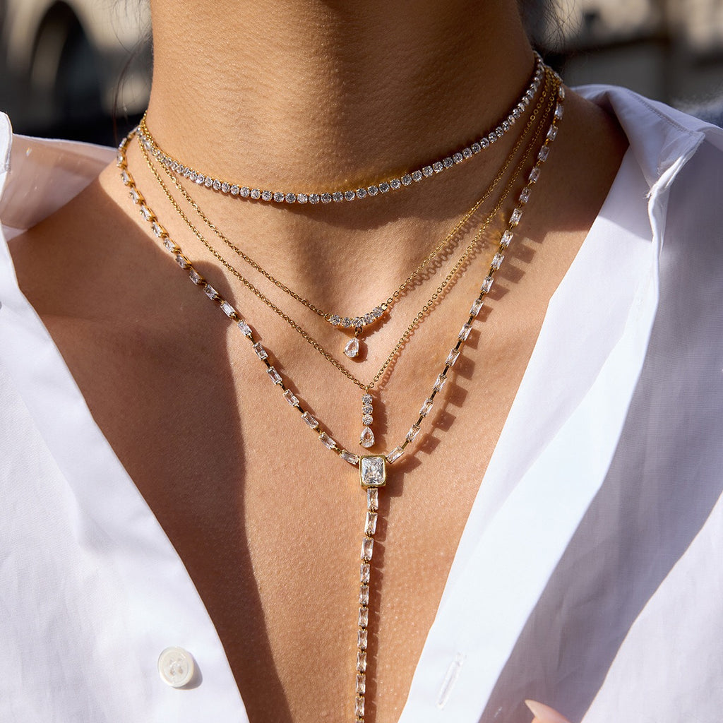 18K Gold High-wattage sparkle Pedant Y Shape Layered Necklace Set