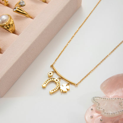 18K Gold Horseshoe Clover Lucky Charm Herringbone Double Chain Layered Necklace Set