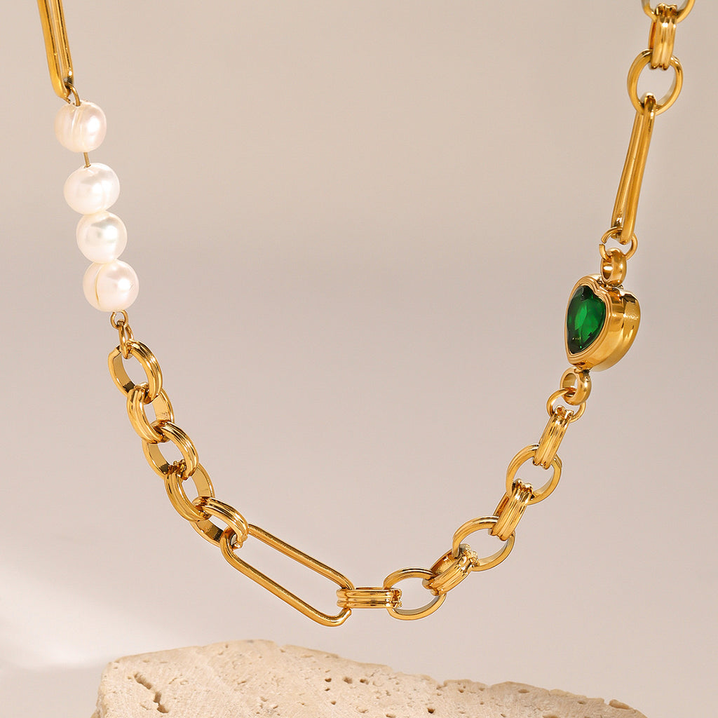 18K Gold Emerald Heart Pearl Beads Chunky Chain Necklace