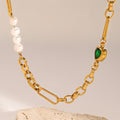 18K Gold Emerald Heart Pearl Beads Chunky Chain Necklace