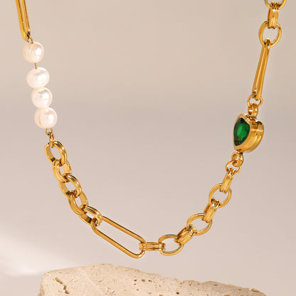 18K Gold Emerald Heart Pearl Beads Chunky Chain Bracelet