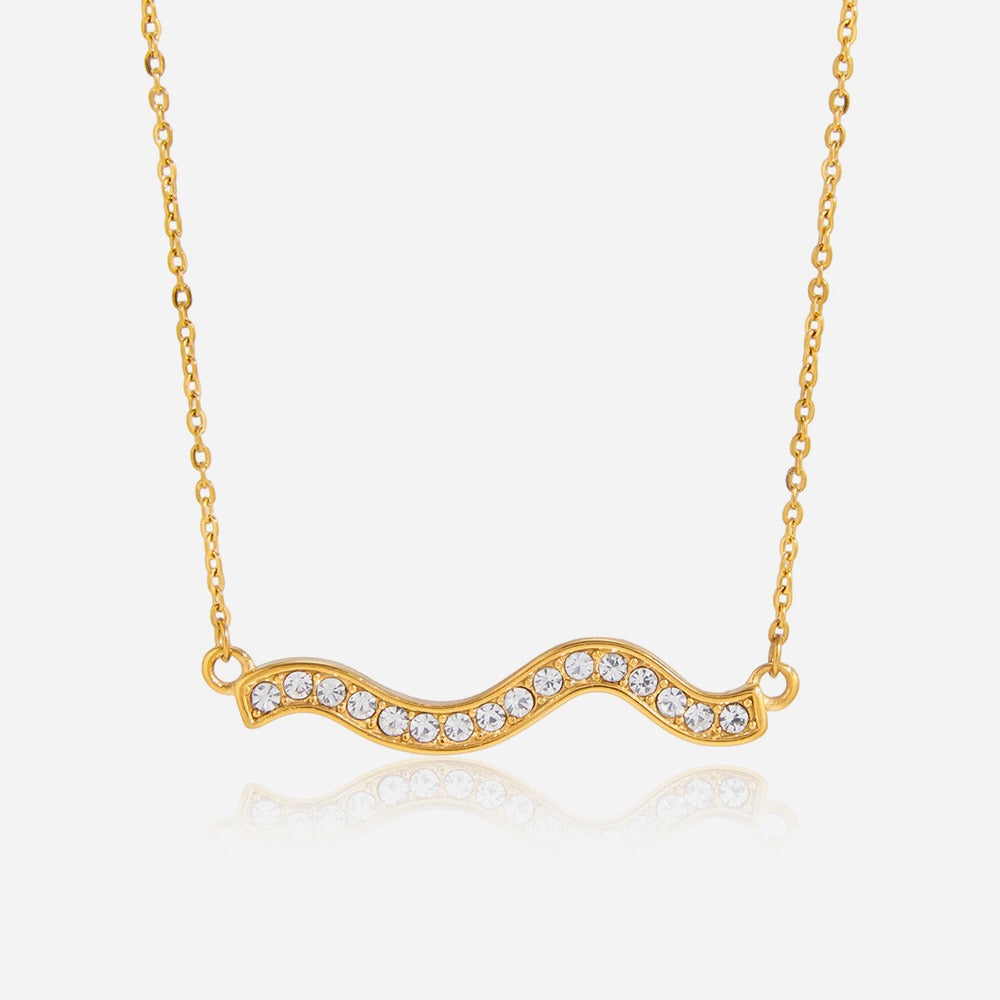 18K Gold Ocean Sway Pave Wave Dainty Pendant Necklace