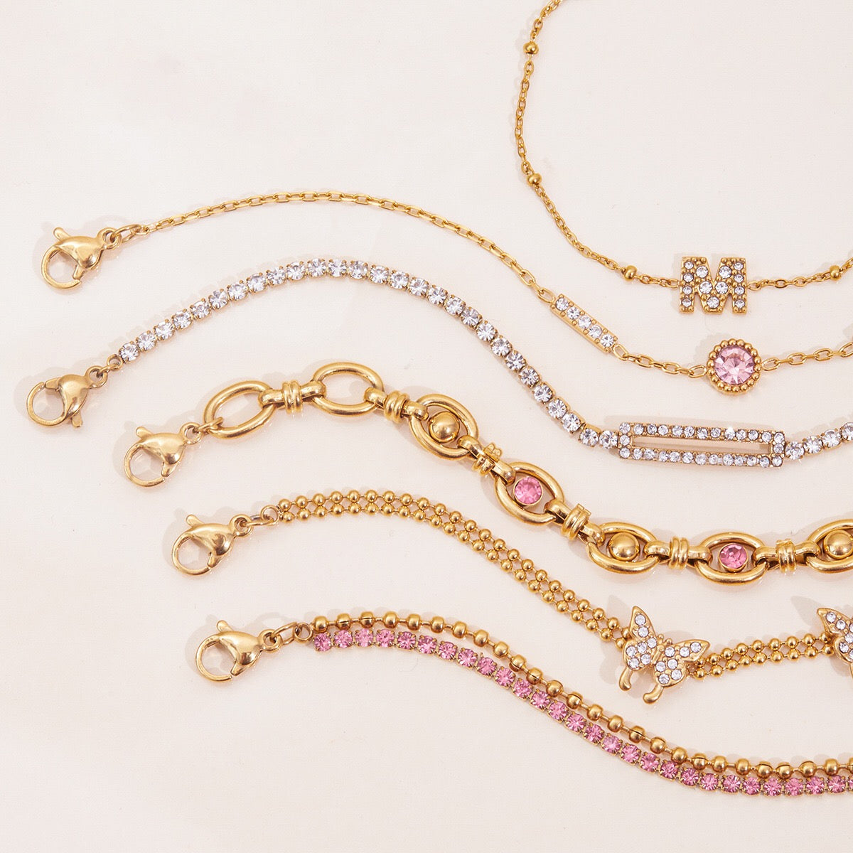 18K Gold Luxury Pink Butterfly Dainty Tennis Chain Bracelet Stack