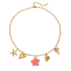 18K Gold Island Sunset Pink Flower Heart Palm Tree Summer Charm Necklace