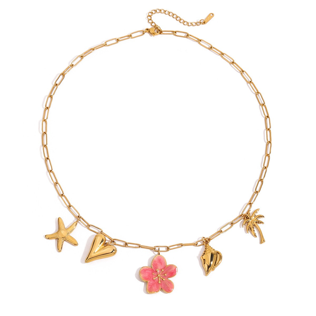 18K Gold Island Sunset Pink Flower Heart Palm Tree Summer Charm Necklace