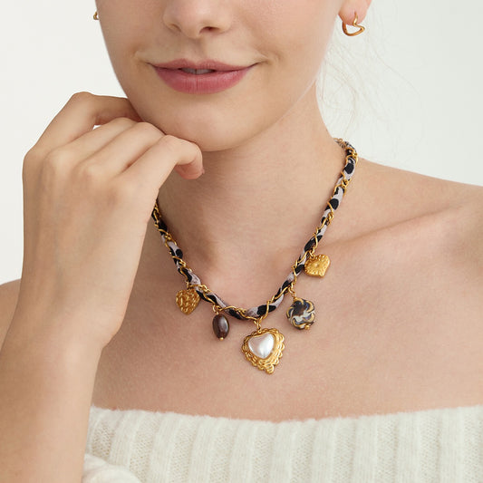 18K Gold Cinnamon Kiss Pearl Heart Ribbon Chain Charm Necklace
