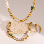 18K Gold Emerald Heart Pearl Beads Chunky Chain Bracelet