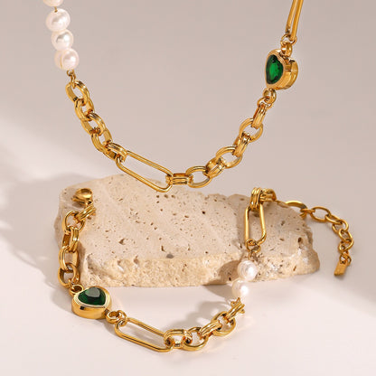18K Gold Emerald Heart Pearl Beads Chunky Chain Bracelet