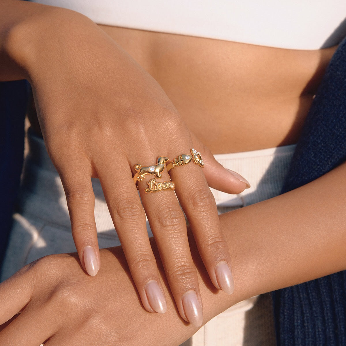 18K Gold Paws and Purrs Pave Cat and Dog Cuff Ring