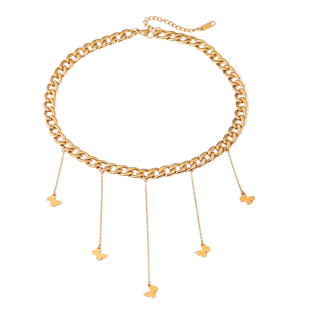 18K Gold Butterfly Necklace Cuban Link Choker