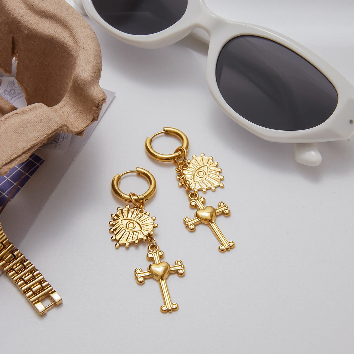 18K Gold Tempt Heart Cross Dangle Huggie Earrings with Charm