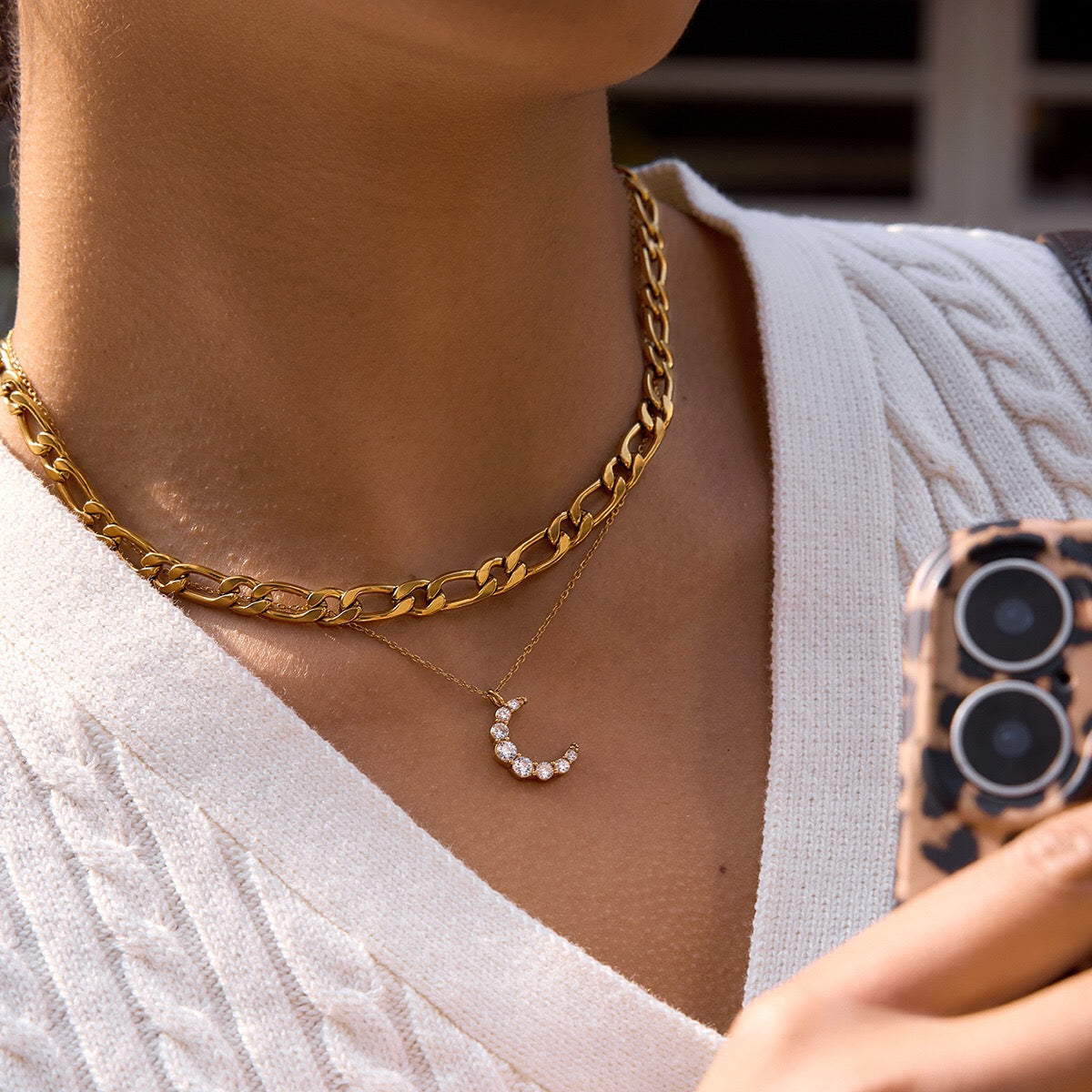 18K Gold Luna Pave Moon Dainty Pendant Necklace