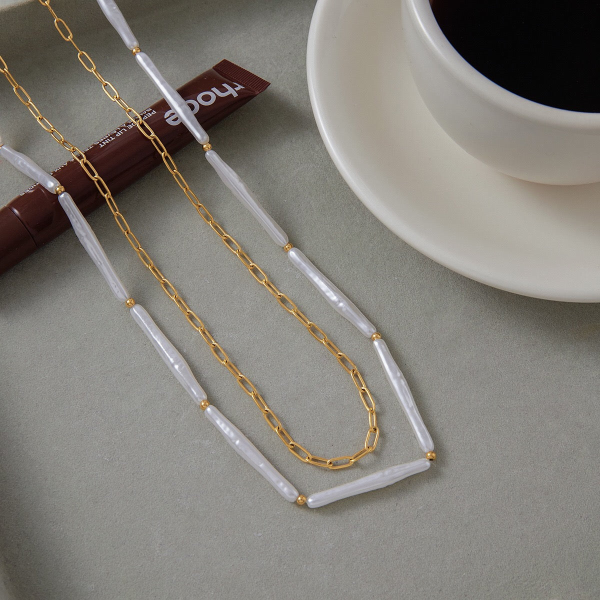 18K Gold Elegance Long Paper Clip Chain Layered Necklace Set