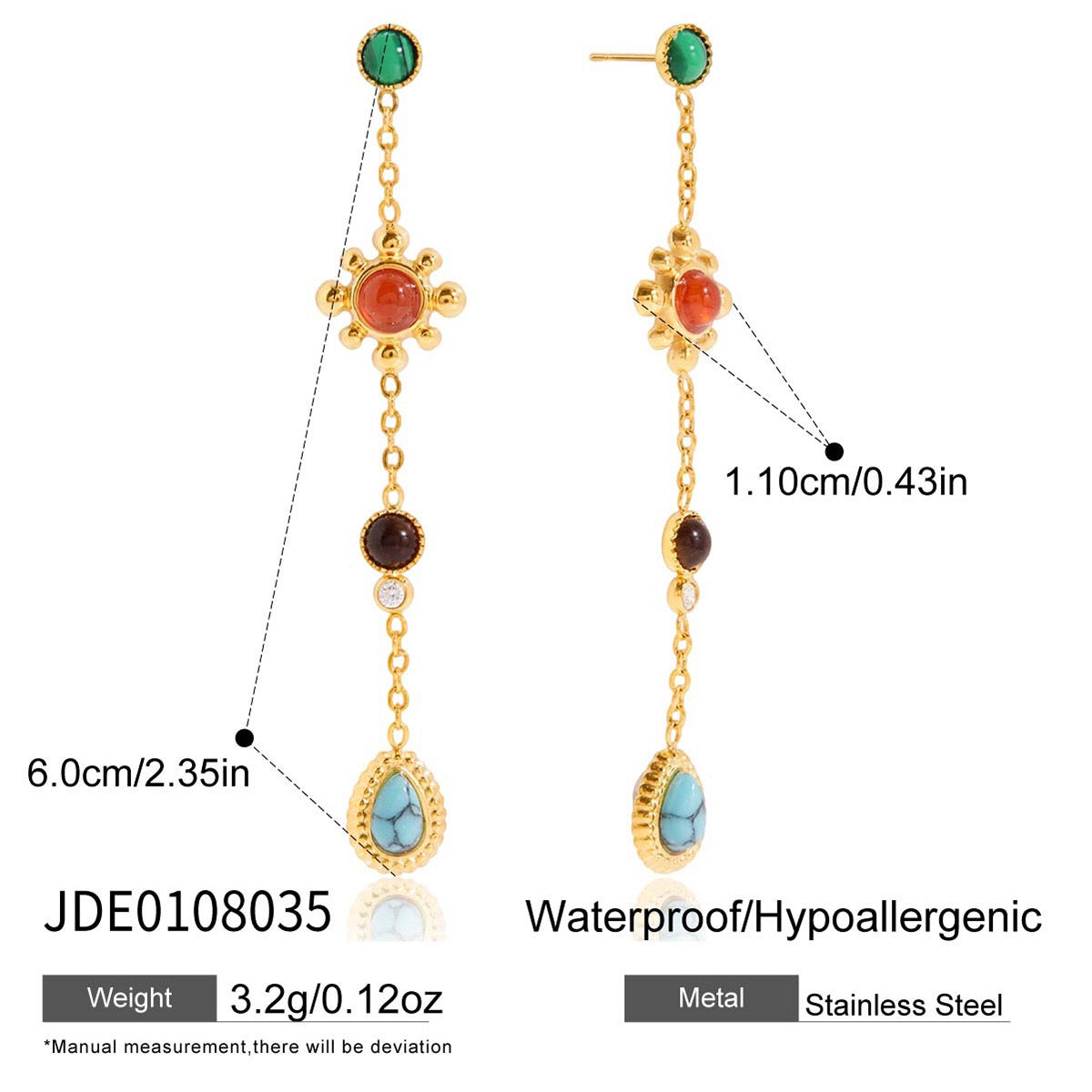 18K Gold Turquoise Gemstone Lure Stud Drop Earrings