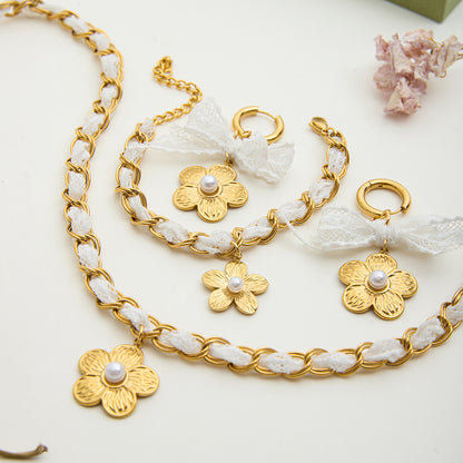 18K Gold Princess Flower Pearl Pendant Ribbon Chain Bracelet