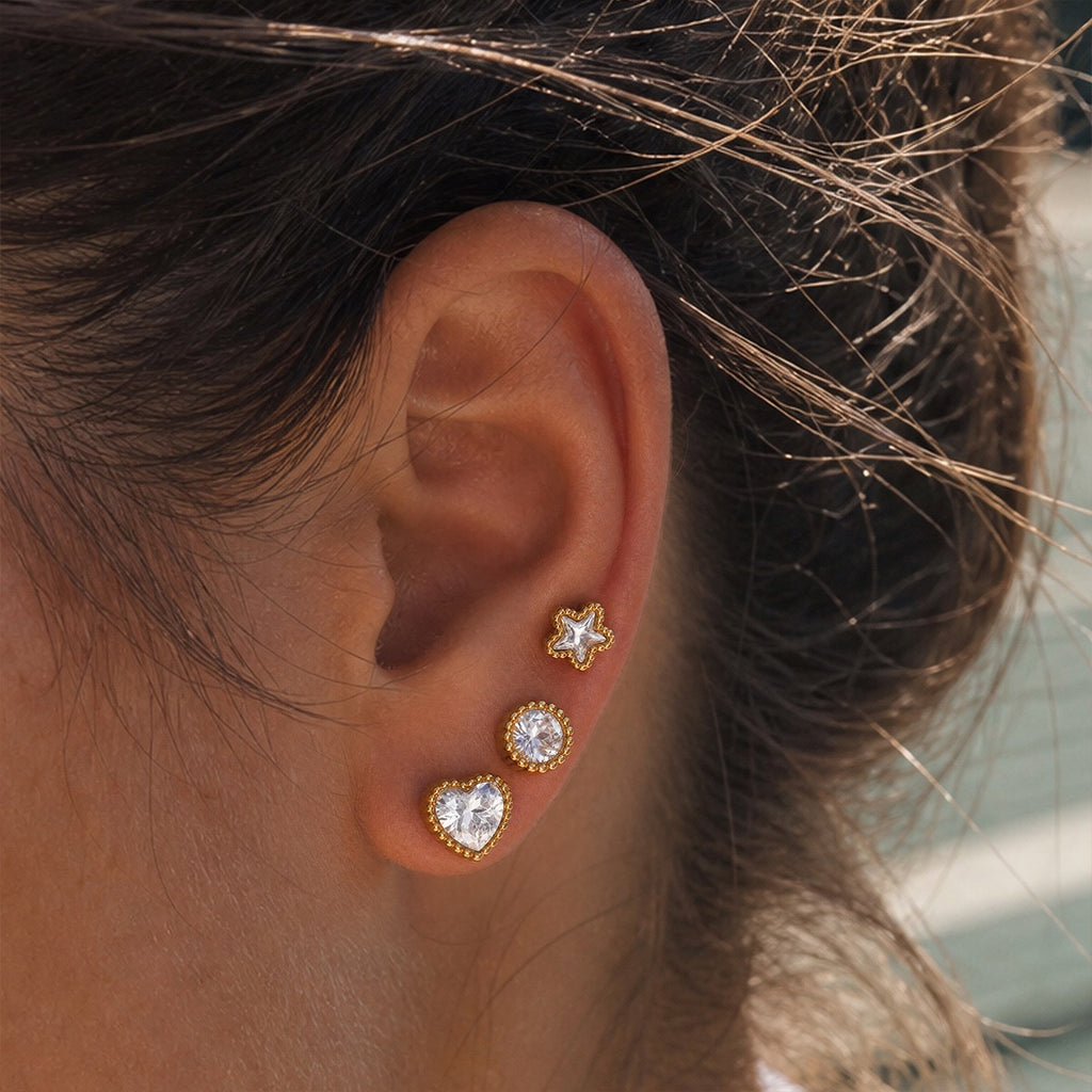 18K GoldLucky Charms Star Heart Flat Back Stud Nap Earrings Set