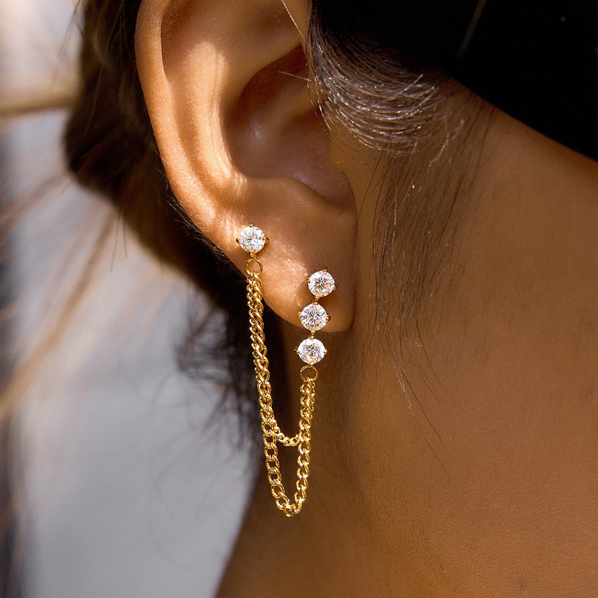 18K Gold Cascade Chain Drop Dangle CZ Stud Earrings Double Piercings