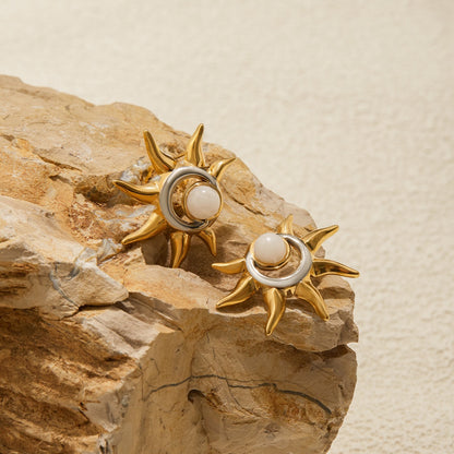 18K Gold and Silver Two Tone Eclipse Opal Sun and Moon Stud Earrings