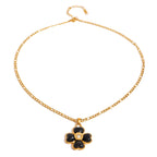 18K Gold Black Heart Clover CZ Pendant Figaro Chain Statement Necklace