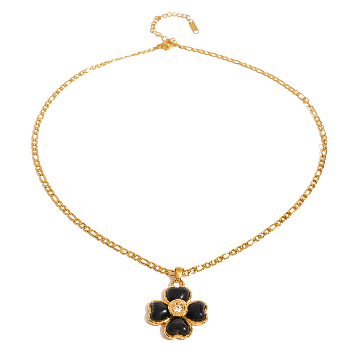 18K Gold Black Heart Clover CZ Pendant Figaro Chain Statement Necklace