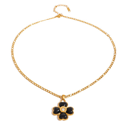 18K Gold Black Heart Clover CZ Pendant Figaro Chain Statement Necklace