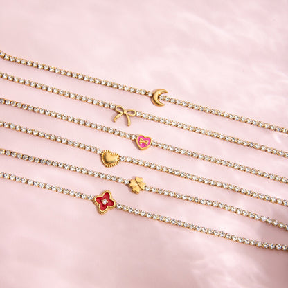 18K Gold Modern Fairytale Heart Bow Moon Clover Tennis Bracelet