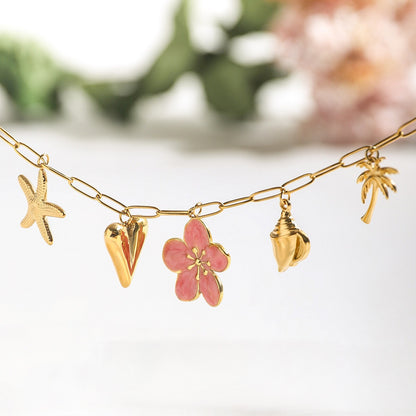 18K Gold Island Sunset Pink Flower Heart Palm Tree Summer Charm Necklace