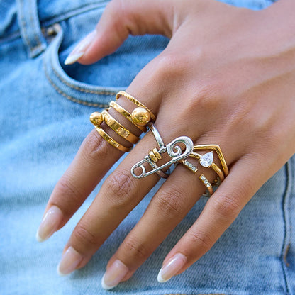 18K Gold and Silver Two Tone Safety Pin Statement Ring