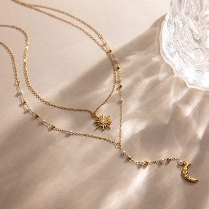 18K Gold Eclipse Spark Sun and Moon Pearl Pendant Y shape Lariat Layered Necklace