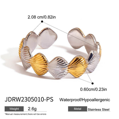 18K Gold and Silver Two Tone Coastal Glow Seashell Starfish Cuff Ring