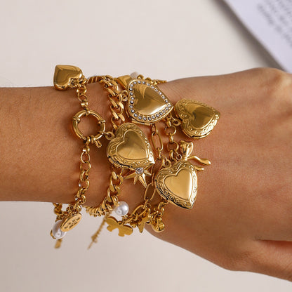 18K Gold Heart Locket Chunky Charm Bracelet