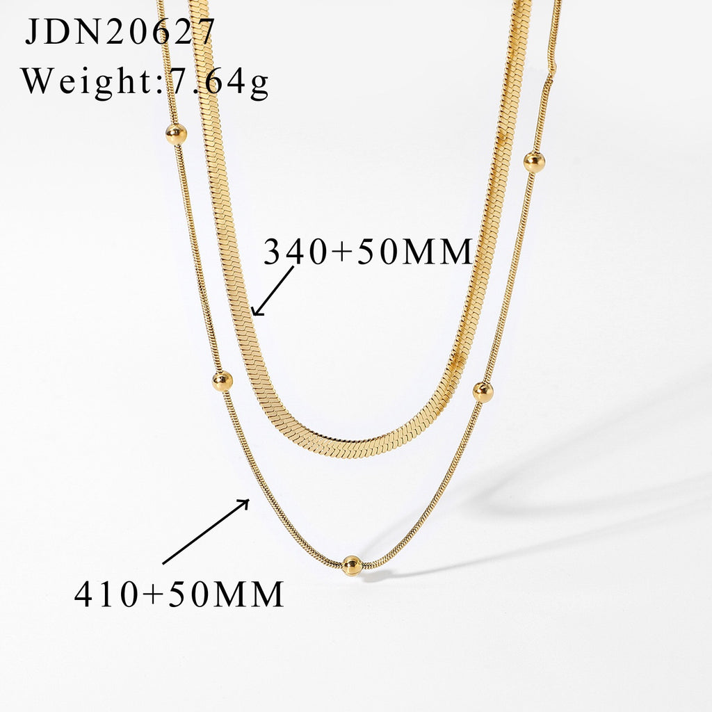 18K Gold Herringbone Beaded Chain Layered Necklace