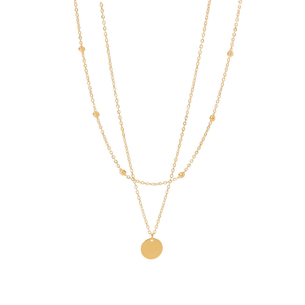 18K Gold Quiet Desire Disc Pendant Dainty Double Chain Layered Necklace