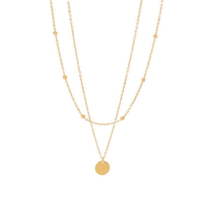 18K Gold Quiet Desire Disc Pendant Dainty Double Chain Layered Necklace