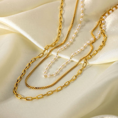 18K Gold Paperclip Box Chain Pearl Layered Necklace