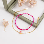 18K Gold Hot Pink Beaded Flower Bow Heart Chain Bracelet Stack