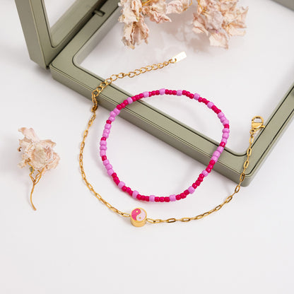 18K Gold Hot Pink Beaded Flower Bow Heart Chain Bracelet Stack