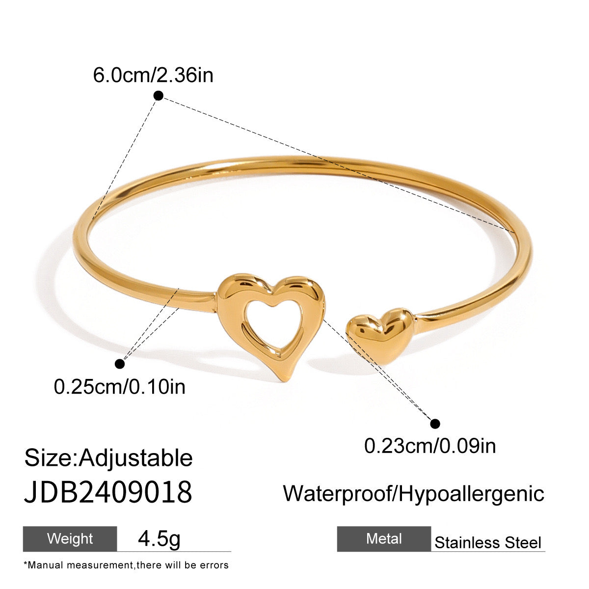 18K Gold Heart to Heart Cuff Bangle Bracelet