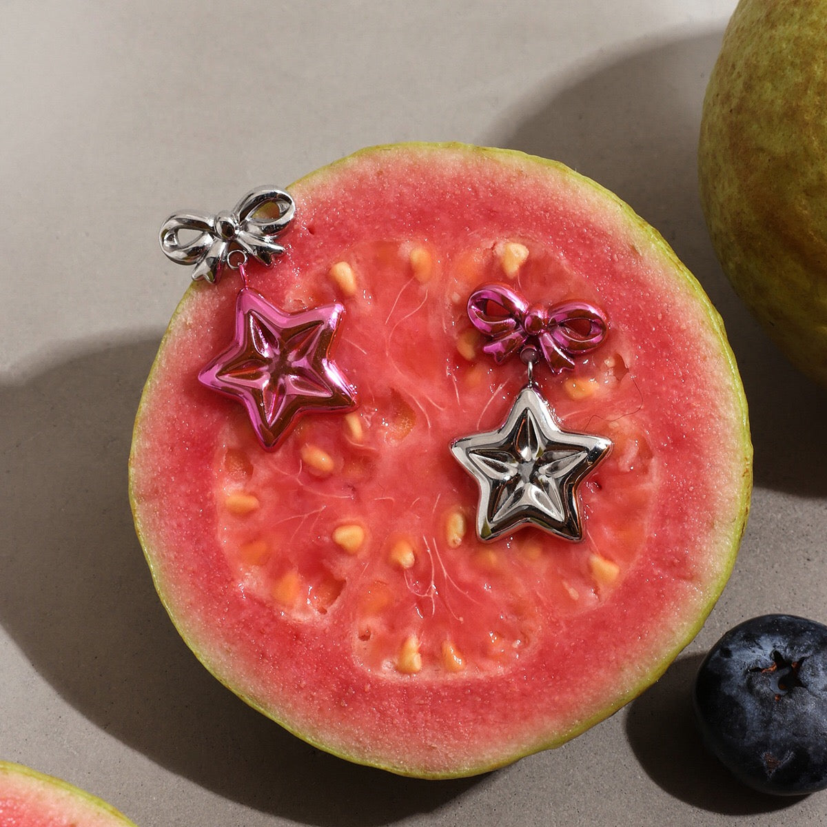 Y2K Silver Bow and Pink Star Stud Dangle Earrings