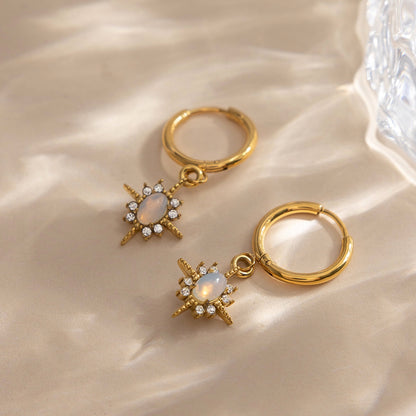 18K Gold Northern Star Opal Small Hoop Dangle Huggie Earrings