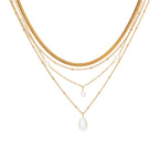 18K Gold Pearl Pendant Herringbone Chain Layered Necklace Set