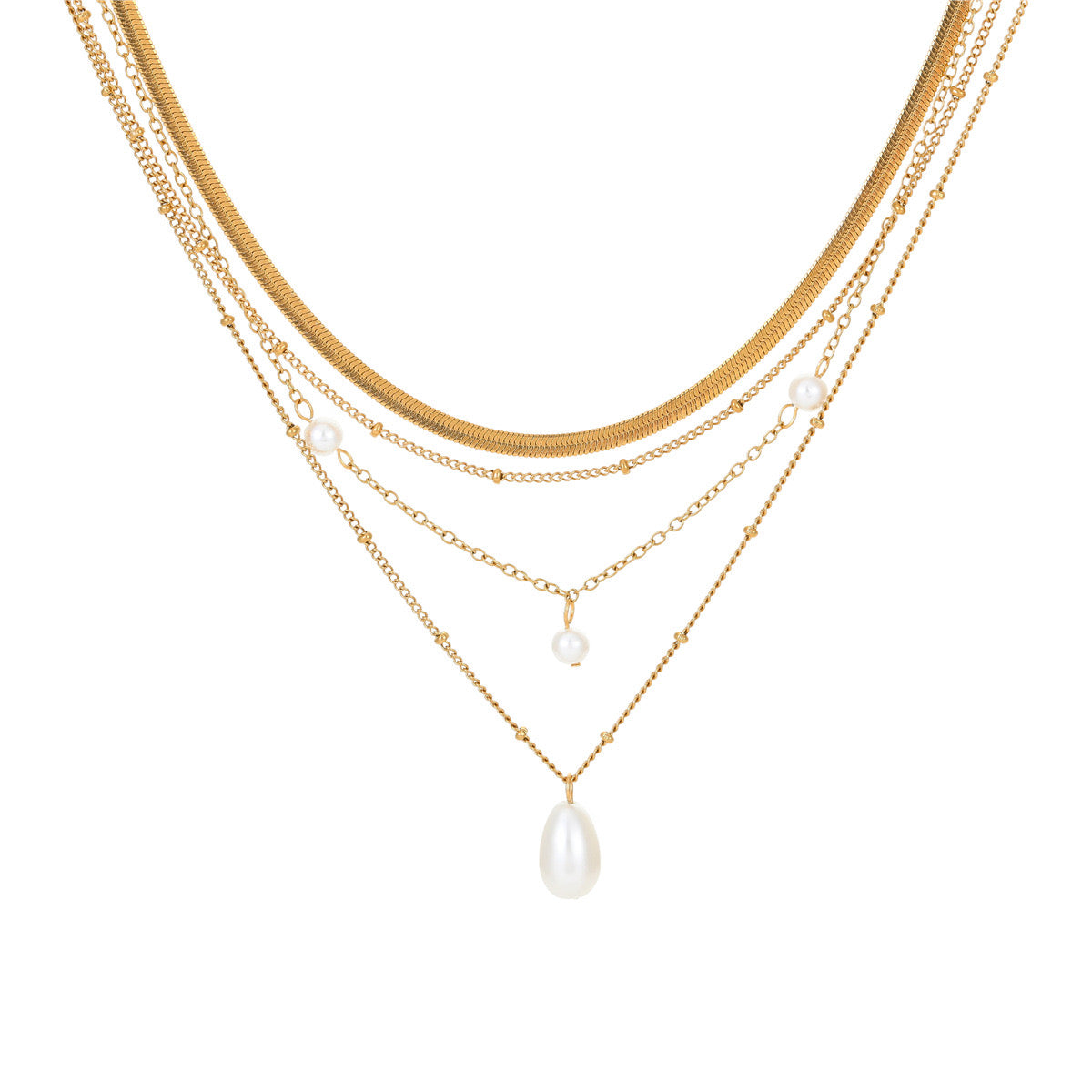 18K Gold Pearl Pendant Herringbone Chain Layered Necklace Set