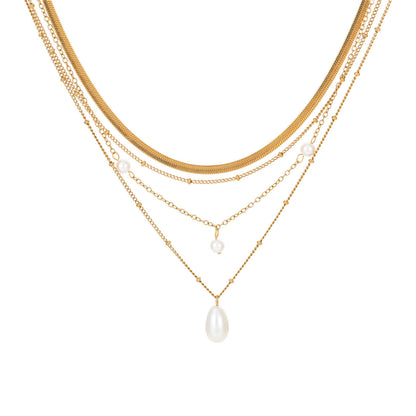 18K Gold Pearl Pendant Herringbone Chain Layered Necklace Set